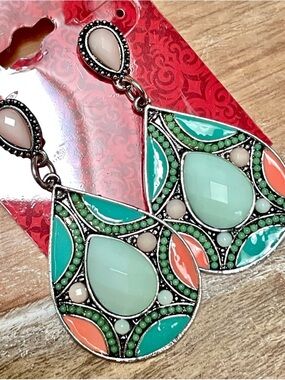 Teardrop Dangle Earrings in Mint, Coral & Teal by Elegantique